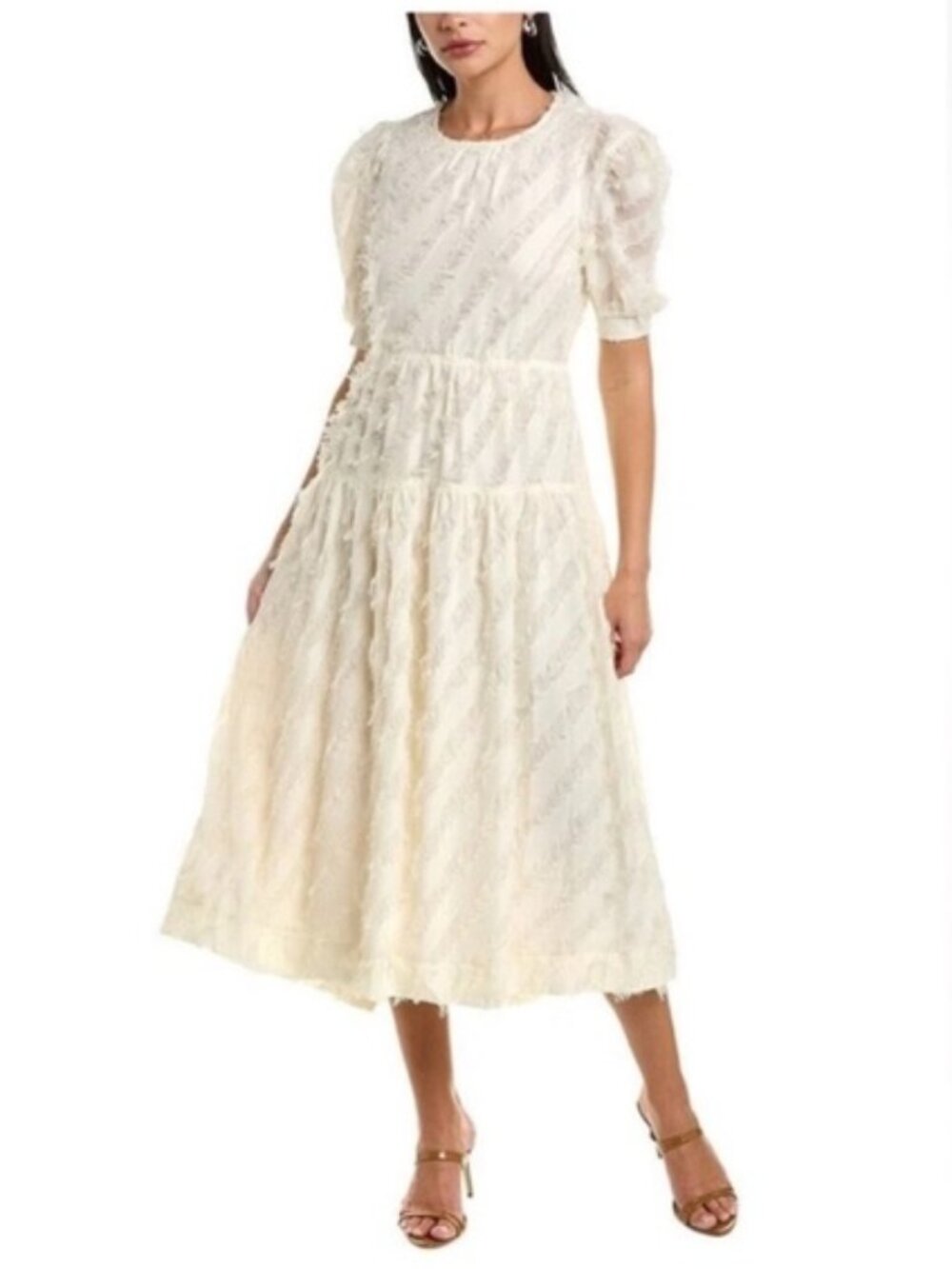 En Saison Dress Midi Frayed Stripe Chiffon Dress NWT Cream Dress size Small